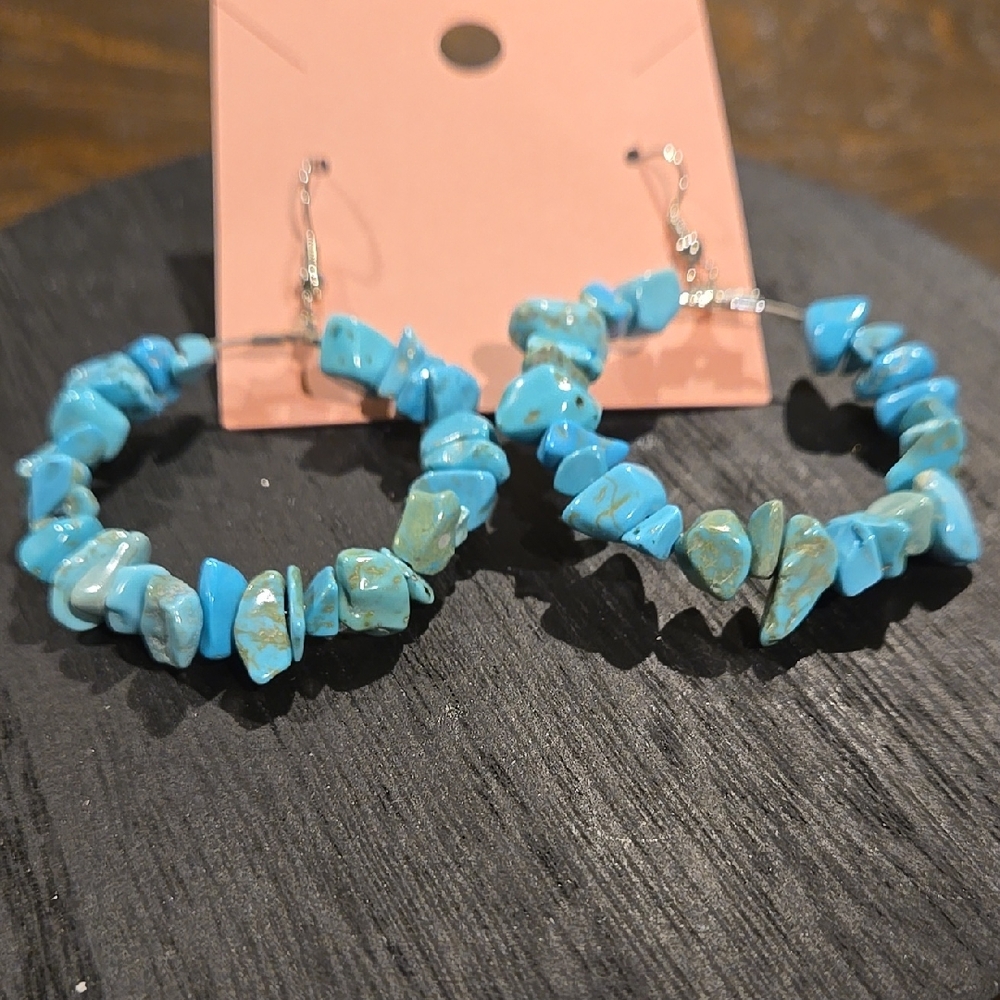 Natural Reflections Genuine Blue Turquoise Stone Hoops